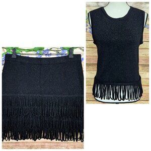 Anthropologie Endless Rose Sz L Black Metallic Loop Fringe Mini Skirt & Tank Top